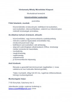 Közművelődési munkatársat keres a Vörösmarty Mihály Művelődési Központ