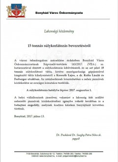 Lakossági közlemény 15 tonnás súlykorlátozás bevezetéséről